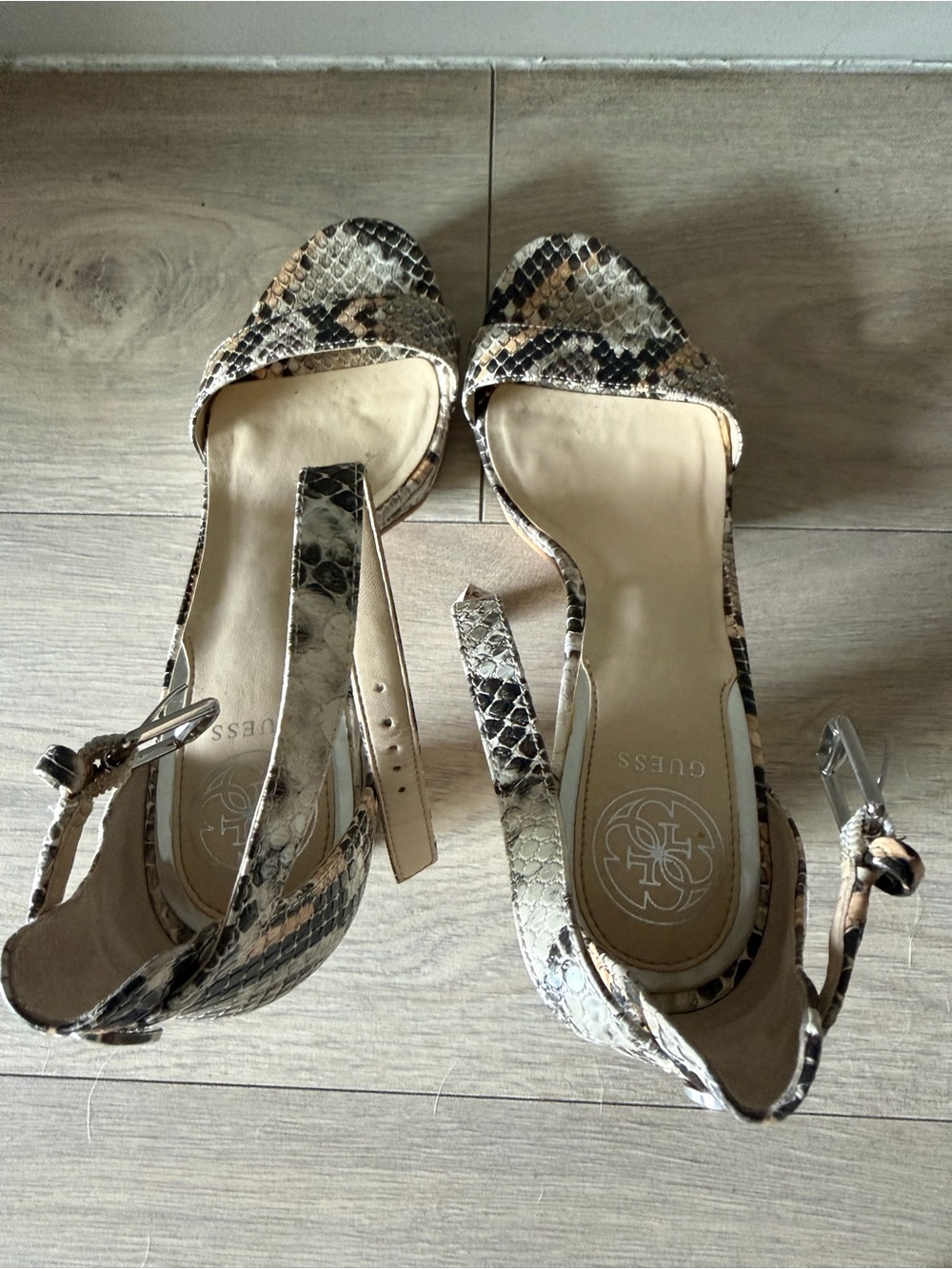 Guess Snake-Print Beige and Black Slingback Sandals
